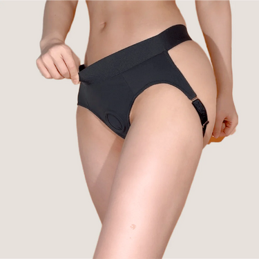 Flux Strap-On Harness – Femme-Forward Queer Lingerie showcasing its elegant design and soft feel, perfect for sapphic intimacy.